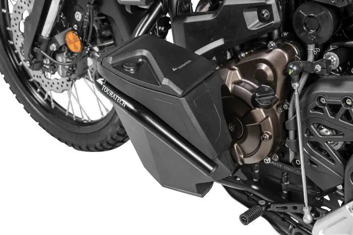 Werkzeugbox mit Motorsturzbügel Nachrüstsatz linke Seite Edelstahl schwarz für Yamaha Tenere 700