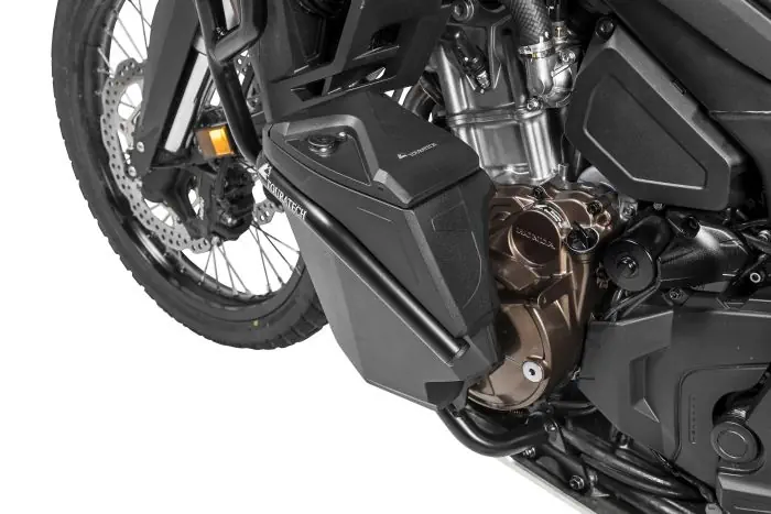 Werkzeugbox mit Motorsturzbügel Nachrüstsatz linke Seite Edelstahl schwarz für Honda CRF1100L AT
