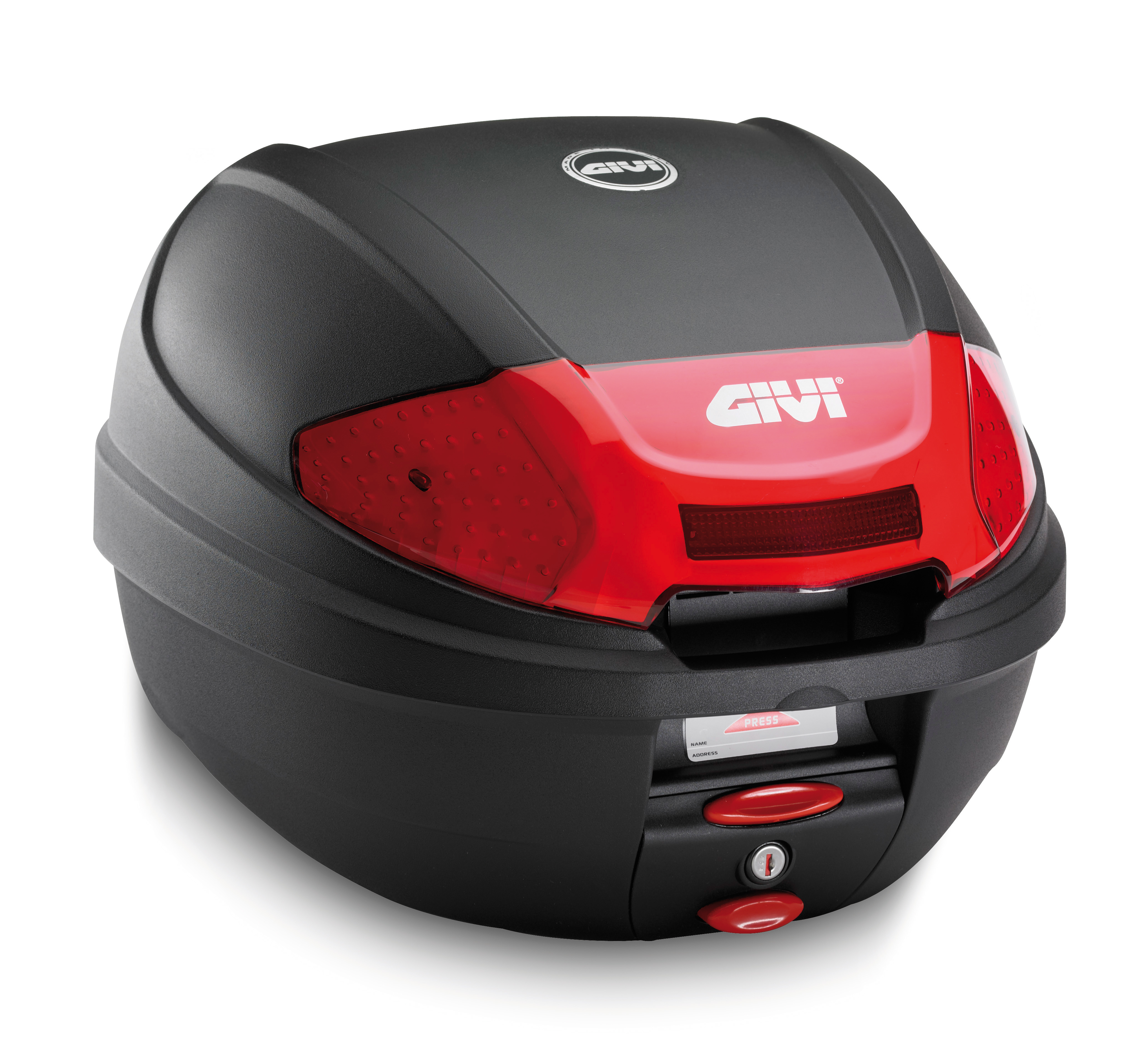 E300 - Monolock Topcase, 30 L., schwarz mit rotem Reflektor, mit Platte u. Universalkit
