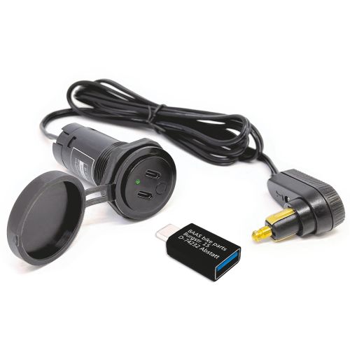 USB-Tankrucksack-Kabel mit Twin-Lader (2x USB-C), USB-A Adapter und Winkelstecker für DIN-Bordsteckdose