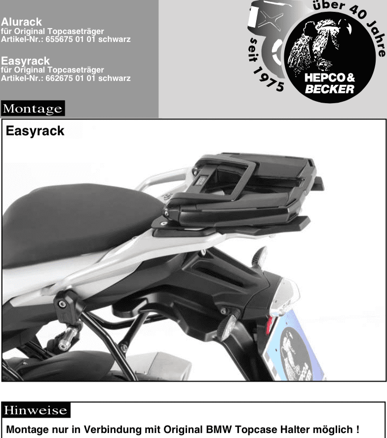 Easyrack Topcaseträger für Kombination mit originalem BMW-Topcaseträger schwarz für BMW S 1000 XR (2015-2019)