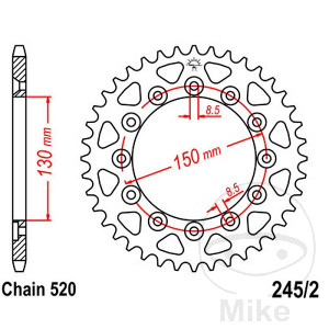 Kettenrad 38 Zähne Teilung 520 Innendurchmesser 130 Lochkreis 150