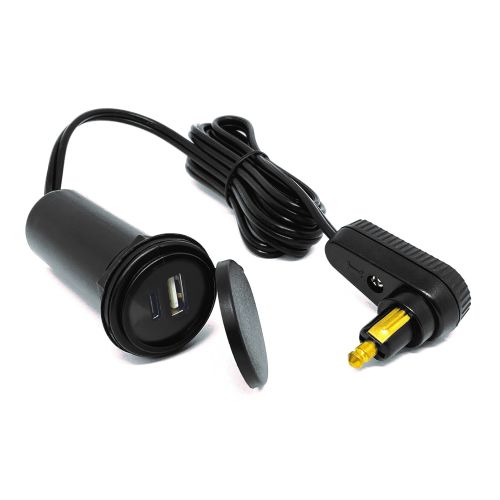 USB-Tankrucksack-Kabel mit Twin-Lader (USB-A und USB-C) und Winkelstecker für DIN-Bordsteckdose