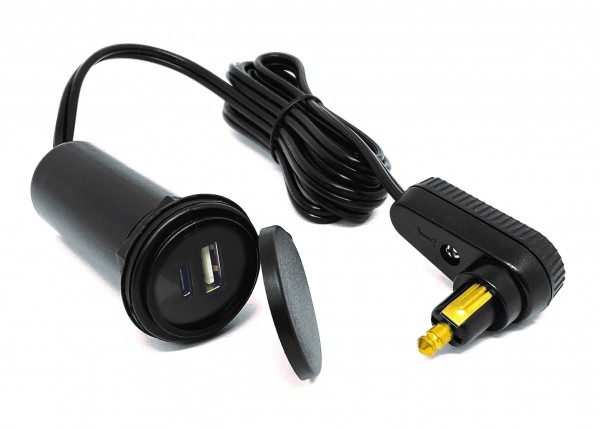 USB-Tankrucksack-Kabel mit Twin-Lader (USB-A und USB-C) und Winkelstecker für DIN-Bordsteckdose